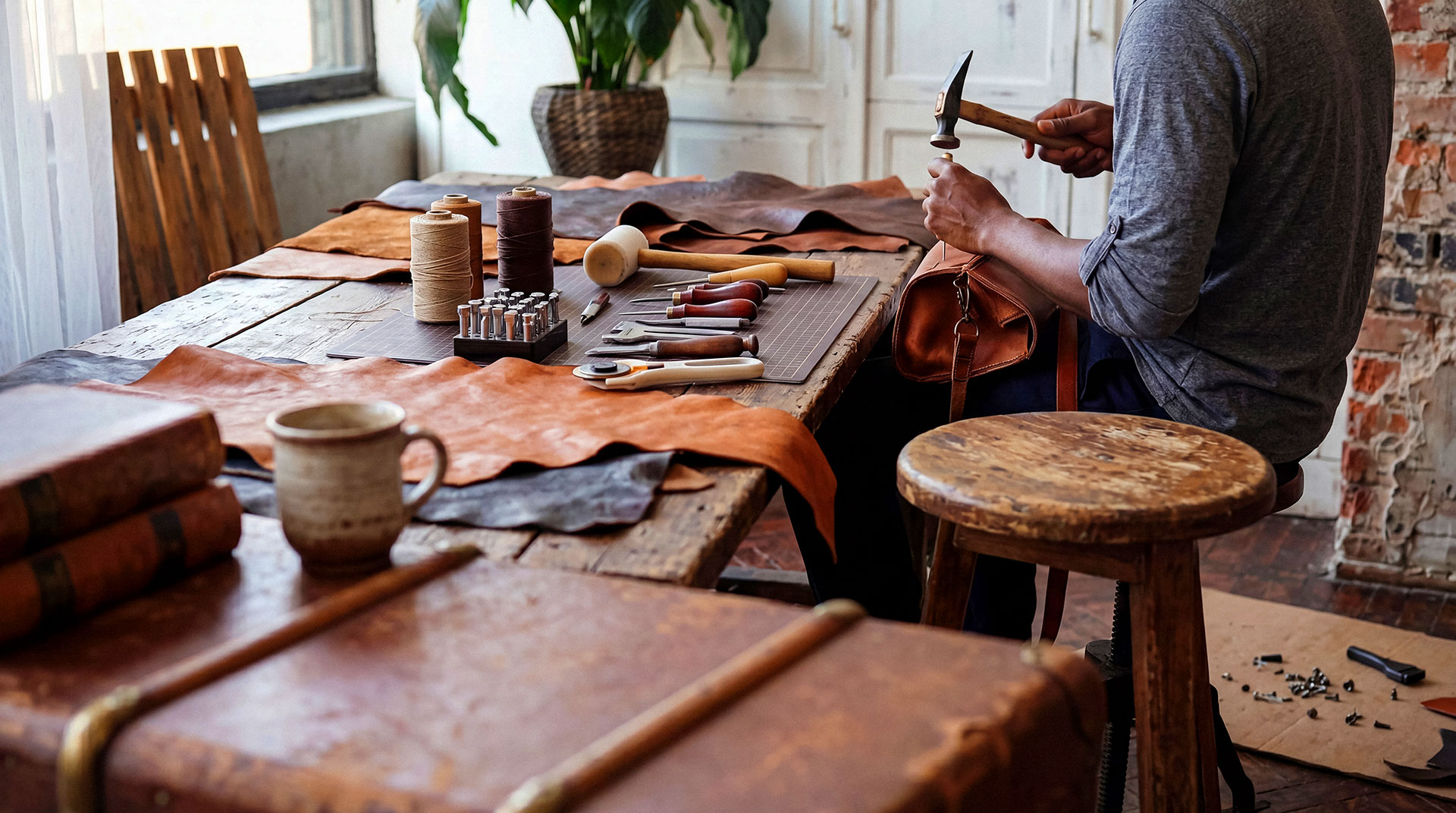 Leather craftsman working at rustic workshop table with tools
